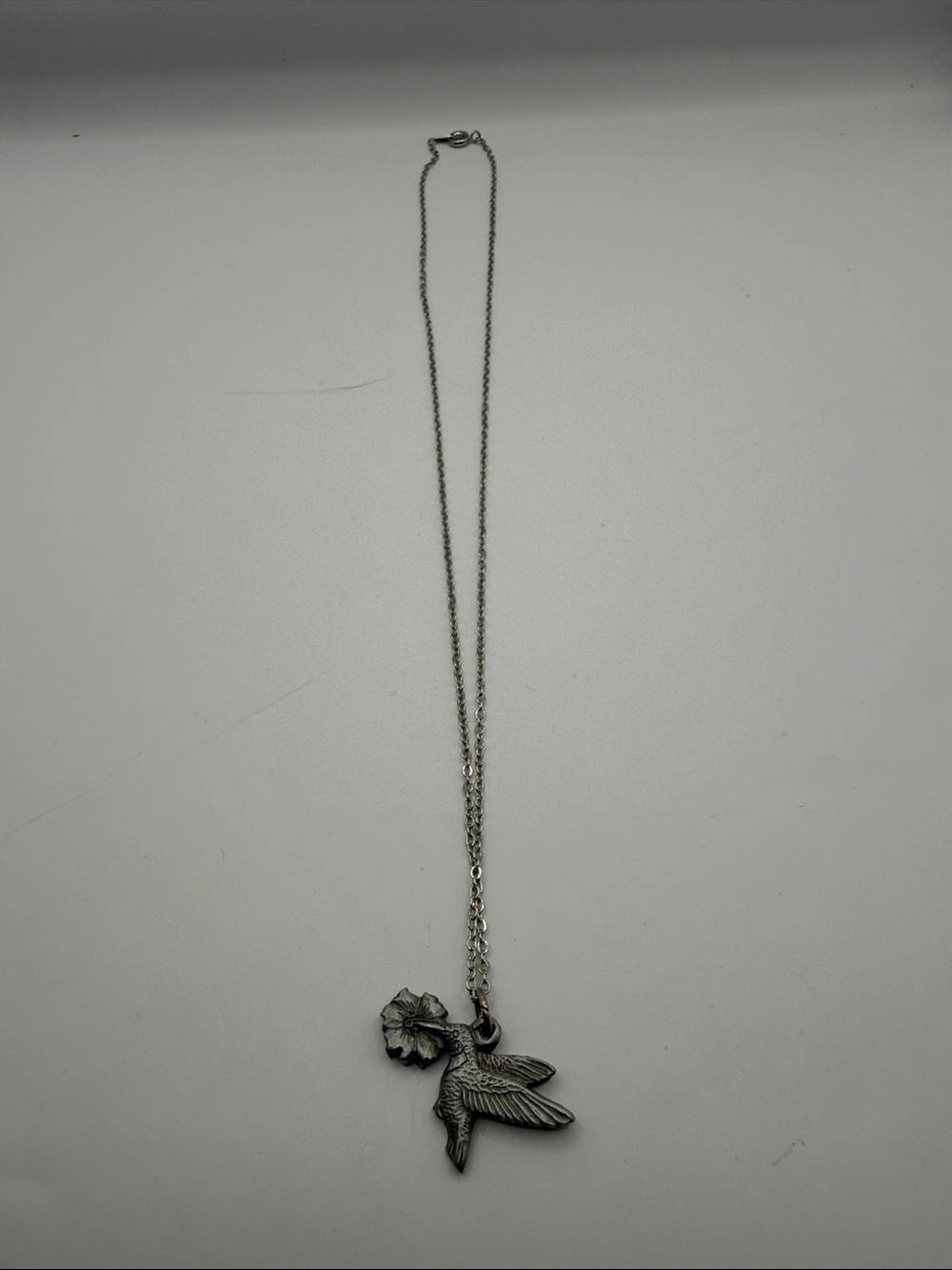 Vintage Pewter Hummingbird Hibiscus Flower Pendant Necklace SP